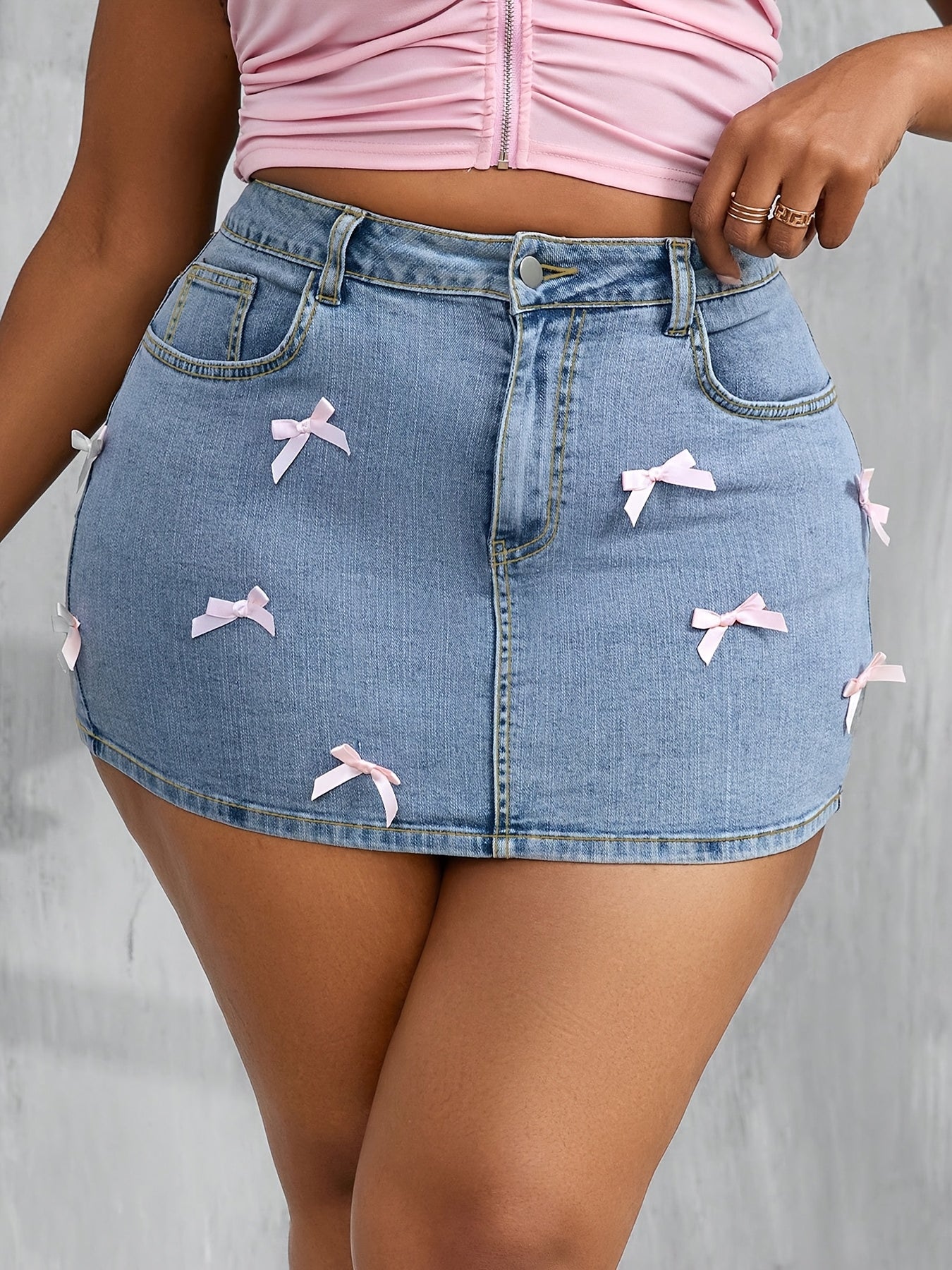 Plus Size Sexy Tight Denim Mini Skirt With Bow Decor, Blue